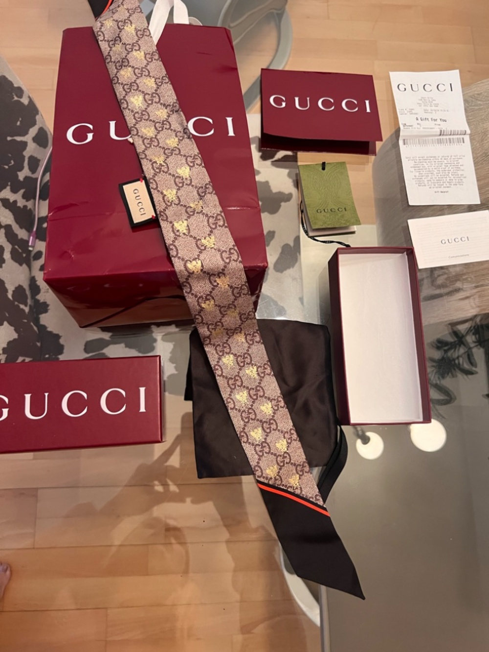 Authentic Gucci GG Bees Silk Monogram Neck Bow Scarf